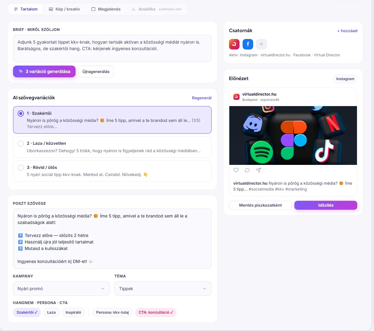 Bemutató posztszerkesztő briefmezővel, szövegváltozatokkal és platform-előnézettel.